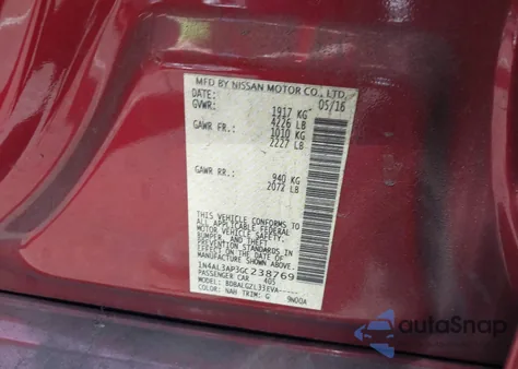 2016 Nissan Altima 2.5/2.5 S/2.5 Sl/2.5 Sr/2.5 Sv из США, поврежденный, VIN 1N4AL3AP3GC238769